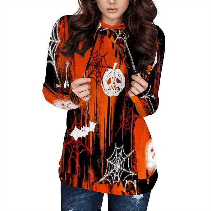 domirica Halloween Hooded Sweatshirt Long Sleeve Pocket Trendy Pumpkin Skull Sweatshirt Halloween Costumes For Holiday Party