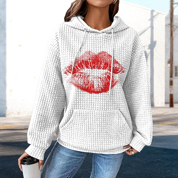 domirica Pullover Sweatshirts For Women Drawstring Long Sleeve Waffle Sweatshirt With Pocket Vintage Street Wear Qutfits