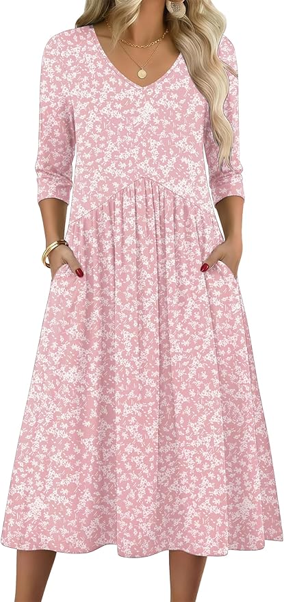 ZEAGOO 3/4 Sleeve Women's Dress Casual Flowy A-Line Midi Tshirt Dresses with Pocket Empire Waist Summer Boho Beach Sundress