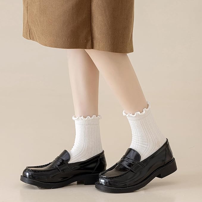 Mcool Mary Womens Crew Socks Ruffle Casual Cotton Frilly Breathable Cute Knit Lettuce Trim Dress Ankle Socks 6 Pack