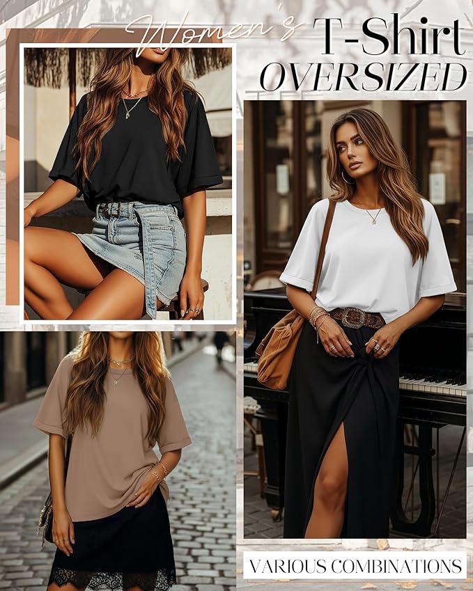 Riyiper 3 Pack Women's Oversized T-Shirt Half Sleeve Summer Tees Casual Loose Fit Crew Neck Basic Tops