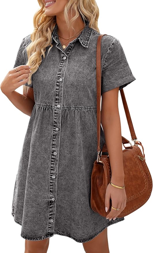 LookbookStore Women's Short Sleeve Button Down Flowy Tiered Babydoll Denim Dress