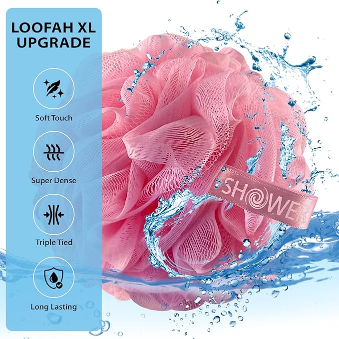 SHOWER BOUQUET Pink-Loofah Bath-Sponge XL 4-Pack // Extra Large 75g Soft Mesh Net Pink Loofa Loufa Luffa Lufa Puff Set/Exfoliating Body Scrubber for Women and Men - Exfoliate & Soothe Face & Body