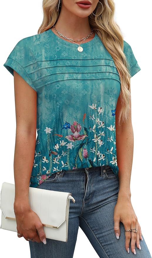 WEESO Womens Summer Tops Trendy 2026 Cap Sleeve T Shirts Crew Neck Pleated Front Beach Vacation Clothes Fashion