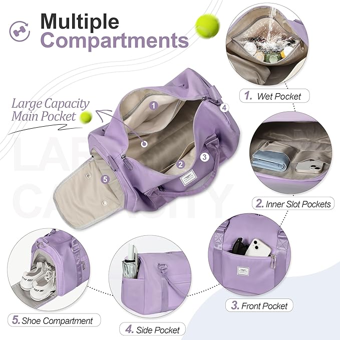 FIORETTO Womens Gym Tote Duffle Bag with Wet Pocket & Shoe Compartment, Sports Duffel Overnight Weekender Hospital Workout Carry on Bag for Girls, Ideal for Travel, Swimming, Dance, Ballet Purple