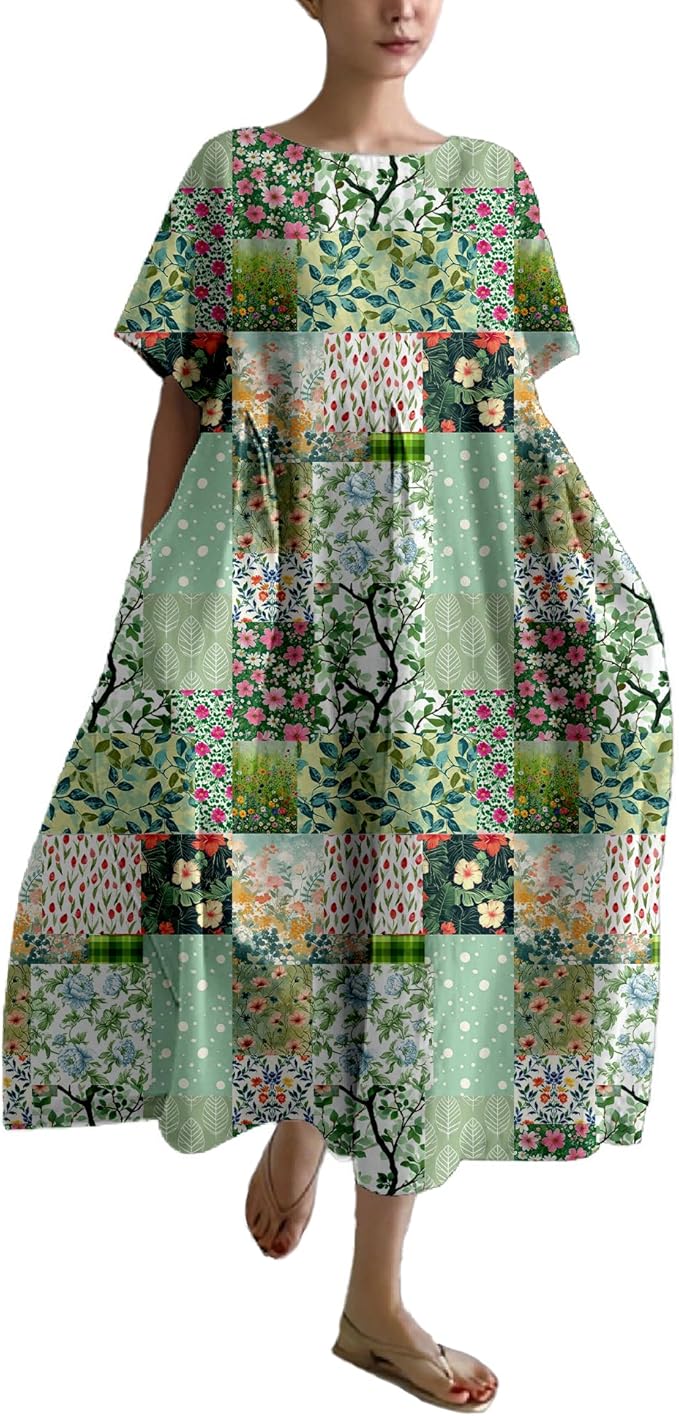 MARSVOVO Patchwork Flowy Dresses for Women Plus Size Loose Casual Tunic Dress Elegant Crewneck Maxi Dresses with Pockets