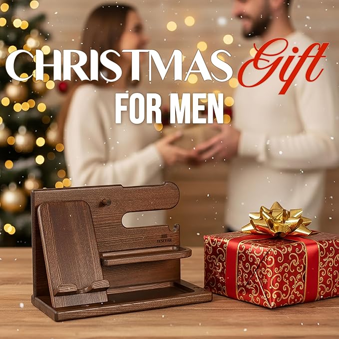 TESLYAR Wood Phone Docking Station for Men - Desk or Nightstand Organizer - Birthday Gifts for Husband, Dad - Anniversary Idea from Wife - Key Holder, Stand Wallet, Watch & Essentials (Bourbon Brown)