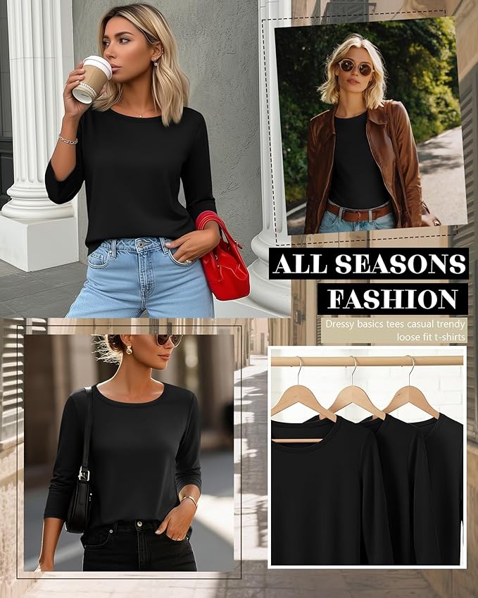 Ficerd 3 Pack 3/4 Sleeve Tops for Women Round Neck Dressy Basics Tees Casual Trendy Loose Fit T Shirts