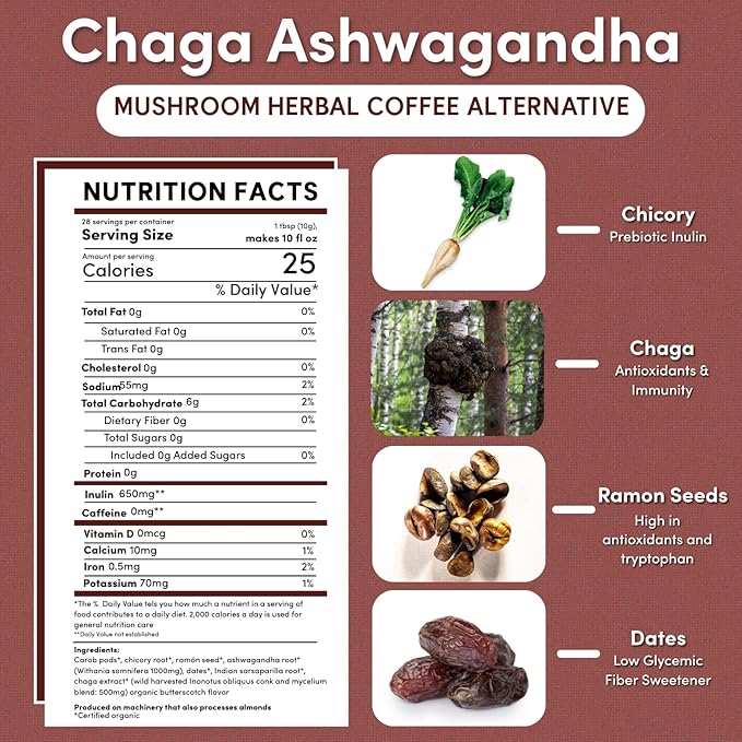 Teeccino Chaga Ashwagandha Coffee Alternative - Butterscotch Cream - Organic, Adaptogenic Herbal Mushroom Coffee, Medium Roast, Caffeine Free, Prebiotic, Acid Free, Gluten Free - 10 oz, Pack of 3