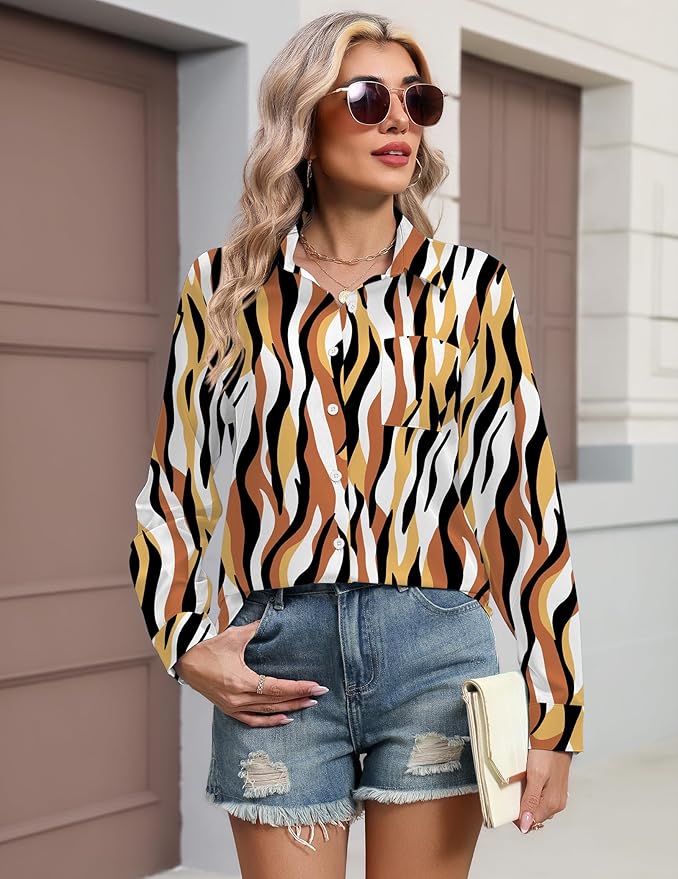 HOTOUCH Button Down Shirts for Women Long Sleeve Blouse Dressy Casual Business Work Tops with Pocket