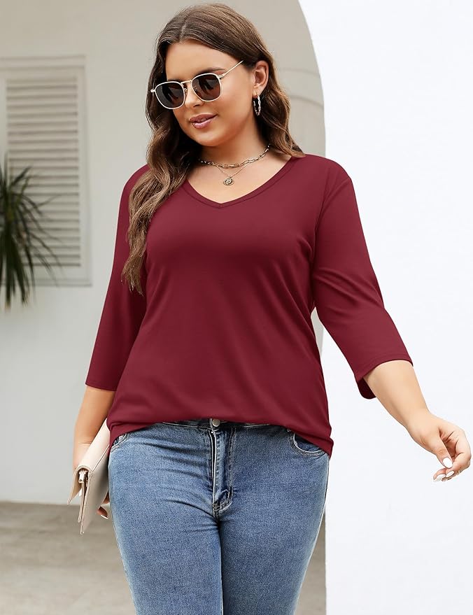 TFSDOD Womens Plus Size Tops V Neck T Shirts 3/4 Sleeve Blouse Summer Casual Tees XL-5X
