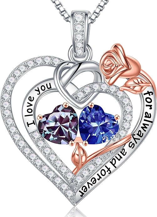 Iefil Valentines Day Gifts for Her - 925 Sterling Silver Double Birthstone Necklace, Anniversary Birthday Gifts for Women, Jewelry Gift for Wife Girlfriend Mom Her