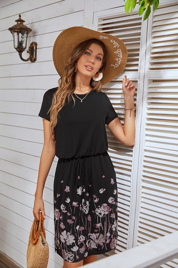 Simier Fariry Womens Spring Hide Belly Knee Length Travel Dress Pocket Summer Short Sleeve Midi Work Casual Outfits