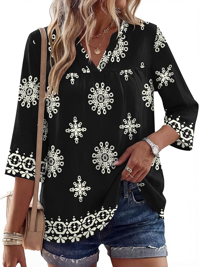 Rapbin Womens 3/4 Sleeve V Neck Floral Print Pleated Blouses for Women Dressy Casual Loose Fit Tops