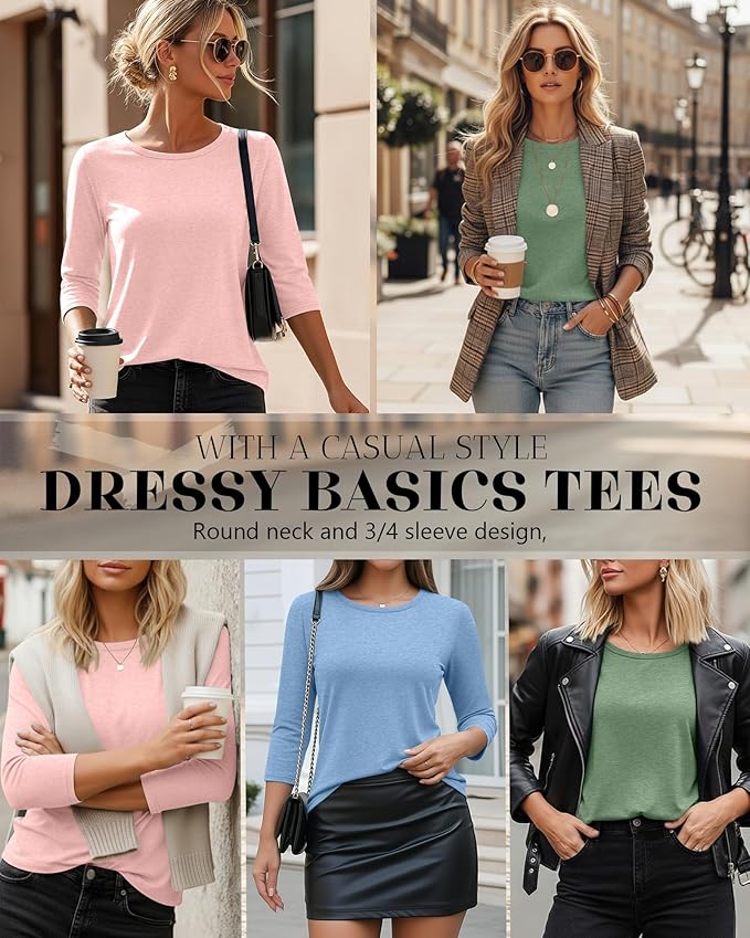 Ficerd 3 Pack 3/4 Sleeve Tops for Women Round Neck Dressy Basics Tees Casual Trendy Loose Fit T Shirts