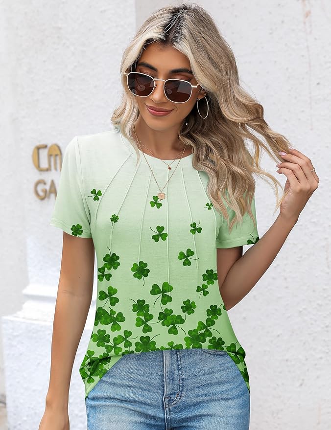 Kistore Womens Casual Crew Neck Short Sleeve Pleated Tops Blouses Fashion Clothes 2026