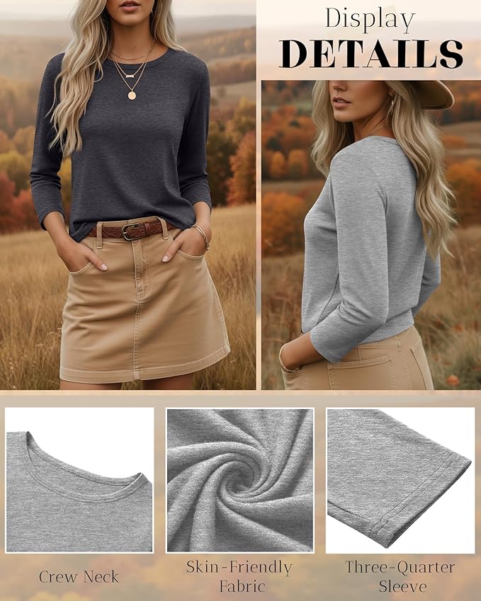 Ficerd 3 Pack 3/4 Sleeve Tops for Women Round Neck Dressy Basics Tees Casual Trendy Loose Fit T Shirts