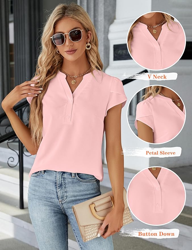Blooming Jelly Women's Dressy Casual Tops Business Work Blouses White Button Down Shirts Cap Sleeve V Neck Tshirt