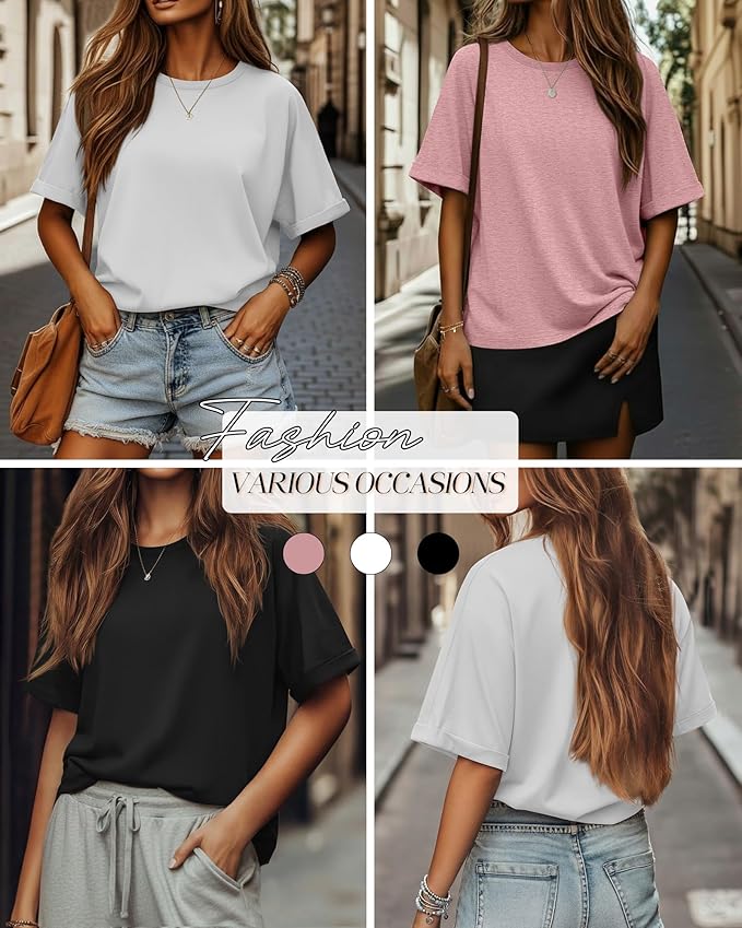Riyiper 3 Pack Women's Oversized T-Shirt Half Sleeve Summer Tees Casual Loose Fit Crew Neck Basic Tops