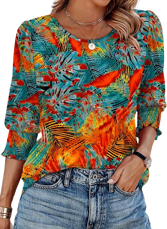 XIEERDUO Blouses for Women Dressy Casual 3/4 Length Sleeve Womens Tops with Smocked Cuffs