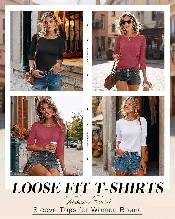 Ficerd 3 Pack 3/4 Sleeve Tops for Women Round Neck Dressy Basics Tees Casual Trendy Loose Fit T Shirts