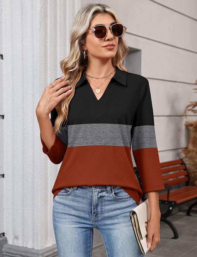 LOMON 3/4 Length Sleeve Womens Tops 2026 Spring Summer Collared Polo Shirts V Neck Casual Basic Polos Tees Shirt