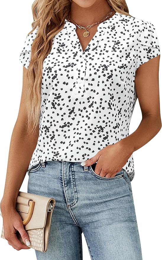 Blooming Jelly Women's Dressy Casual Tops Business Work Blouses White Button Down Shirts Cap Sleeve V Neck Tshirt
