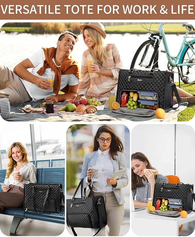 Lunch Tote Bag for Women, 15.6 Inch Laptop Work Bag with Insulated Lunch Box Compartment & Purse Large Capacity Quilted Computer Handbag for Office Business Work Nurse Teacher Travel Casual