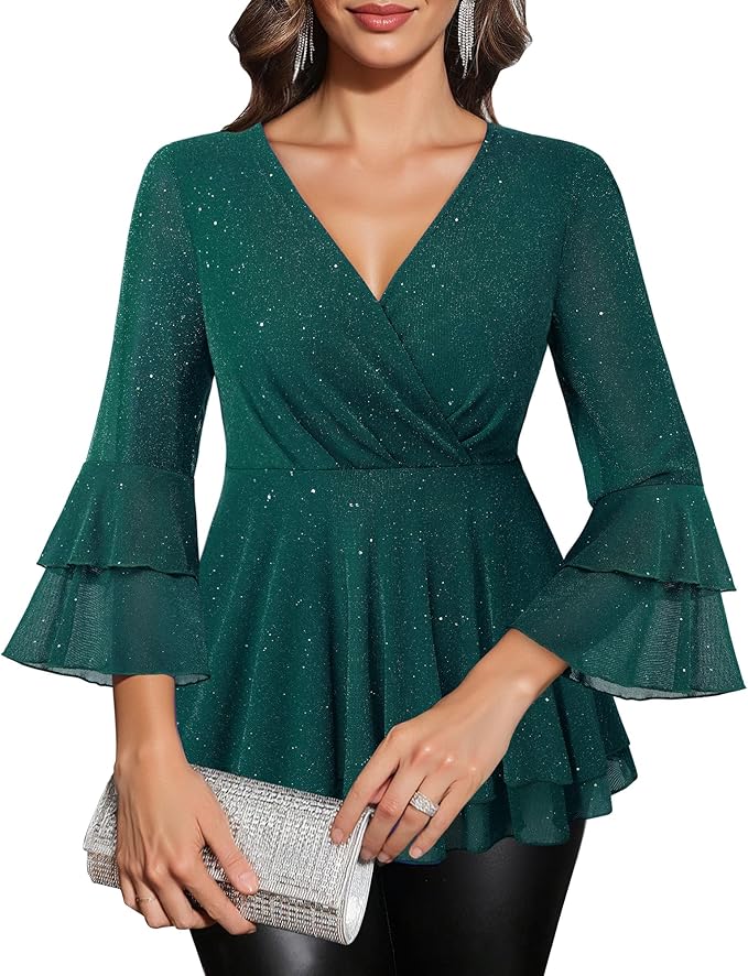 Lotusmile Women's Dressy Blouses Ruffle 3/4 Sleeve Peplum Sparkly Tops