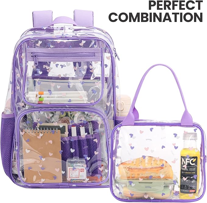 Heavy Duty Clear Backpack Lunch Bag Box Set for 8-Year-Olds - Practical and Stylish School Essentials(clear backpack & clear tote lunch bag-purple)