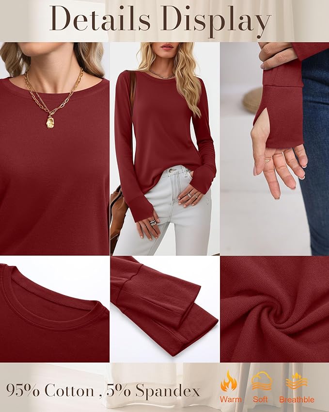 Huukeay 3 Pack Women's Long Sleeve Shirts with Thumb Holes, Cotton Casual Crew Neck Tunic Tops Fall Loose Y2k Trendy Outfits