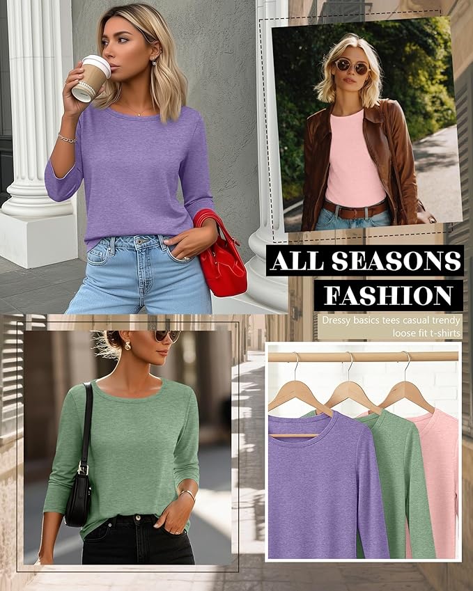 Ficerd 3 Pack 3/4 Sleeve Tops for Women Round Neck Dressy Basics Tees Casual Trendy Loose Fit T Shirts