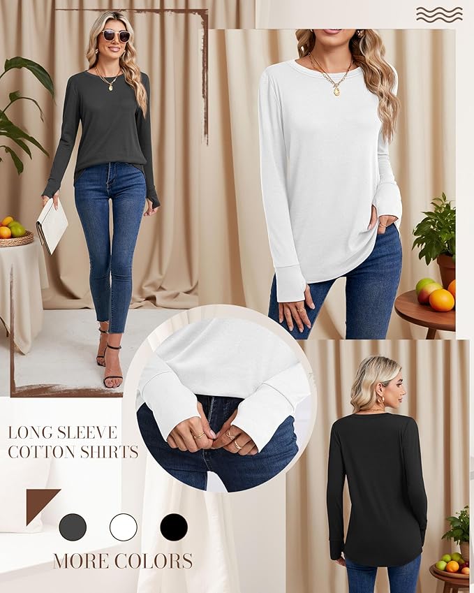 Huukeay 3 Pack Women's Long Sleeve Shirts with Thumb Holes, Cotton Casual Crew Neck Tunic Tops Fall Loose Y2k Trendy Outfits