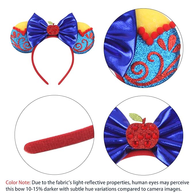 zhezesmila Shiny Mouse Ears Headband Snow White Scrunchies with Bow Princess Costume Headwear for Women Head Band Accessories for Carnival Party