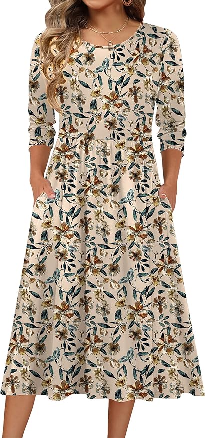 Zeagoo 3/4 Sleeve Women's Dress Casual Flowy A-Line Midi Tshirt Dresses with Pockets Crewneck Vocation Boho Beach Sundress