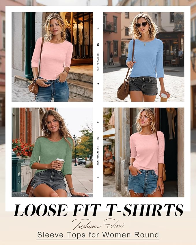 Ficerd 3 Pack 3/4 Sleeve Tops for Women Round Neck Dressy Basics Tees Casual Trendy Loose Fit T Shirts