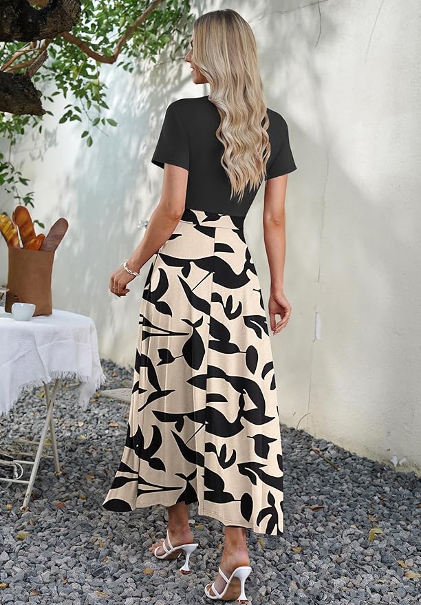 AUSELILY Maxi Dresses for Women Ankle Length Floral Print Beach Long Flowy Dress with Pockets