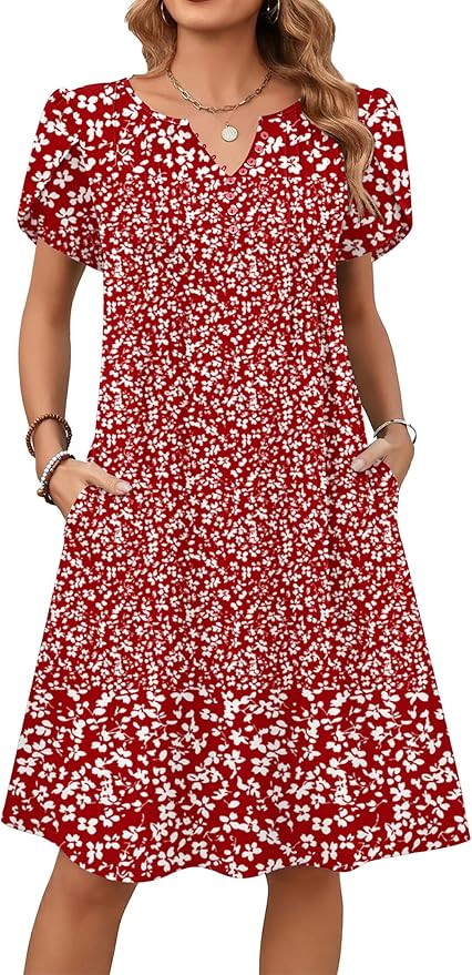 Zeagoo Women's Casual Dresses with Pockets Summer Floral V-Neck A-Line Tshirt Dress Short Sleeve Mini Dress Beach Sundress