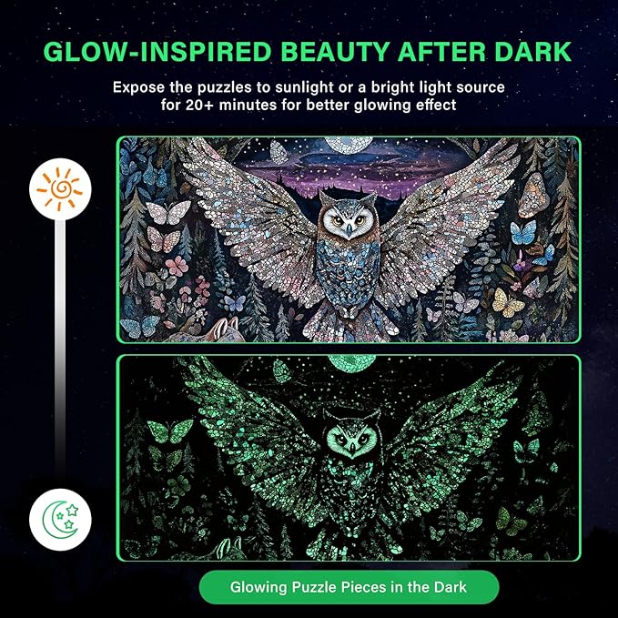 Naturelish Glow-in-The-Dark Owl Puzzles for Adults 1000 Pieces, Difficult Challenging Unique Puzzle for Adults,6 Colors on Back Jigsaw Puzzles, Size 26.6x19.2