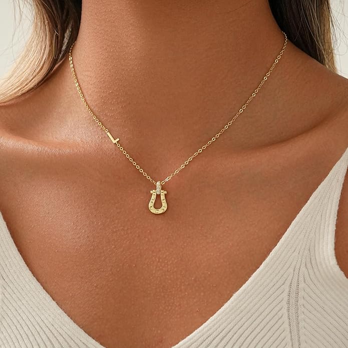 ITS4YEO Valentines Day Gifts for Women Hers, Lucky Horseshoe Initial Necklace, Dainty 14K Gold Plated Pendant Necklace, Trendy Hypoallergenic Jewelry, Gifts for Women and Teen Girls