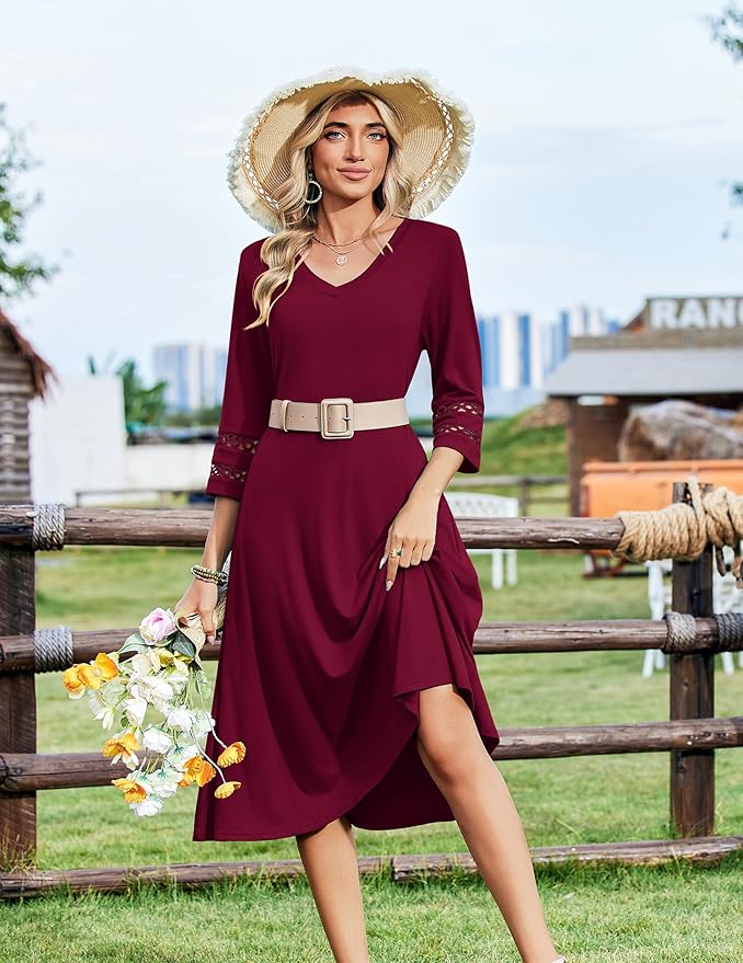 Zeagoo Women's Dresses 3/4 Sleeve Summer Casual V-Neck A Line Flowy Eyelet Midi Dress for Women Beach Vacation Sundress