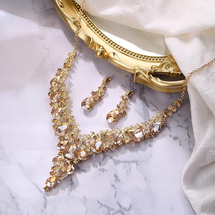 BriLove Women's Wedding Bridal Austrian Crystal Teardrop Flower Cluster Statement Necklace Dangle Earrings Jewelry Set for Party Prom