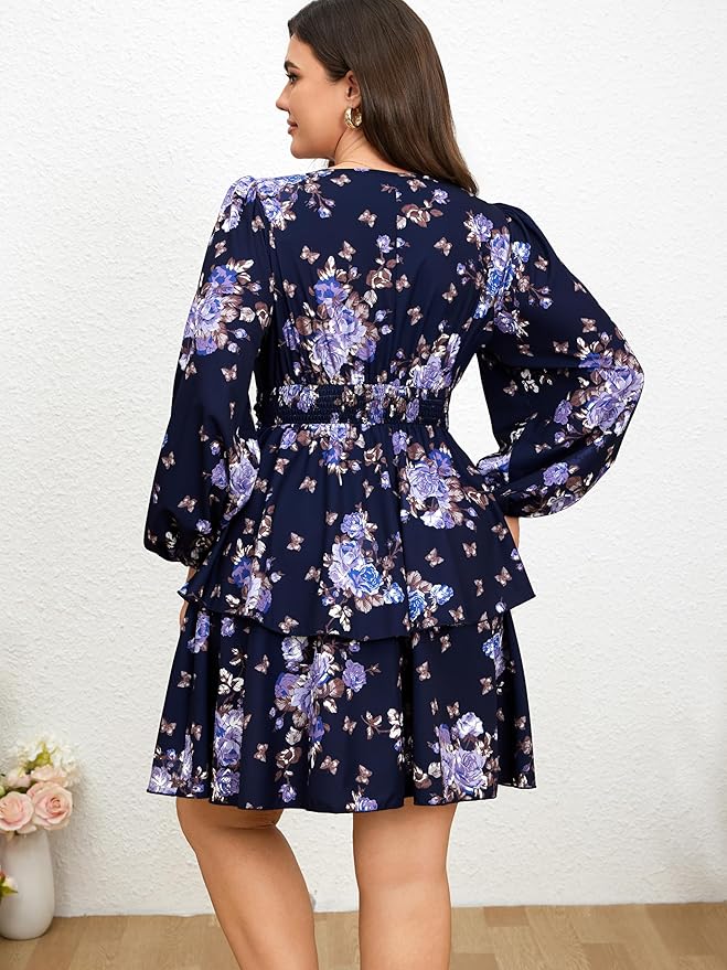 RWJ Plus Size Dresses for Curvy Women V Neck Long Sleeve Elastic Waist Fall Wedding Guest Layer Casual Mini Dress
