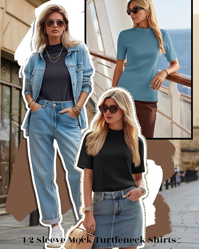 Ficerd 3 Pack Women's 1/2 Sleeve Mock Turtleneck Shirts, Elbow Length Shirt Half Sleeve Tunic Top Casual Summer Basic Tees