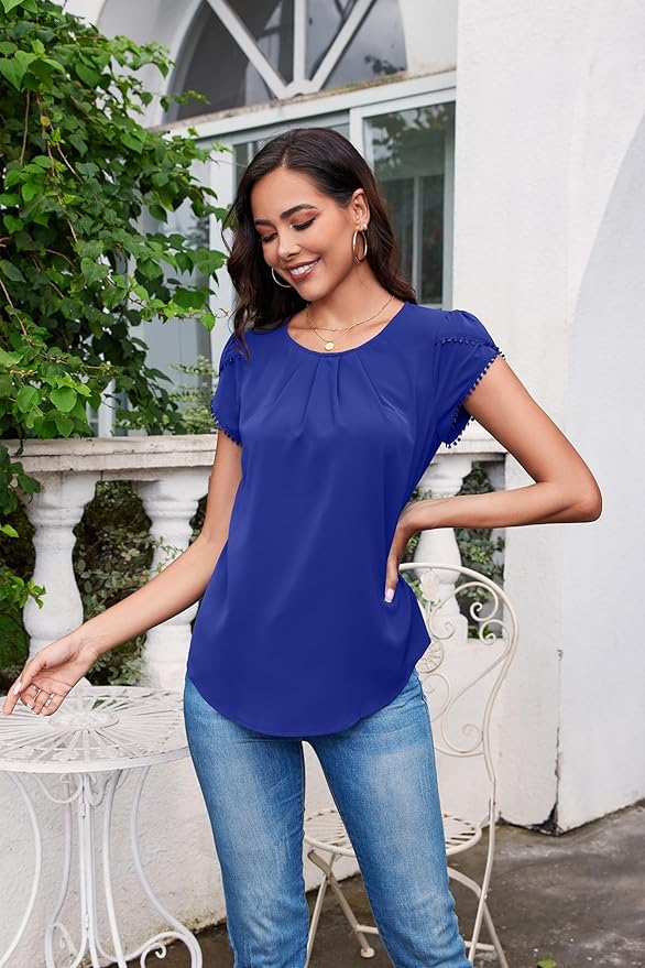 TASAMO Women's Casual Round Neck Basic Pleated Top Cap Sleeve Curved Keyhole Back Chiffon Blouse