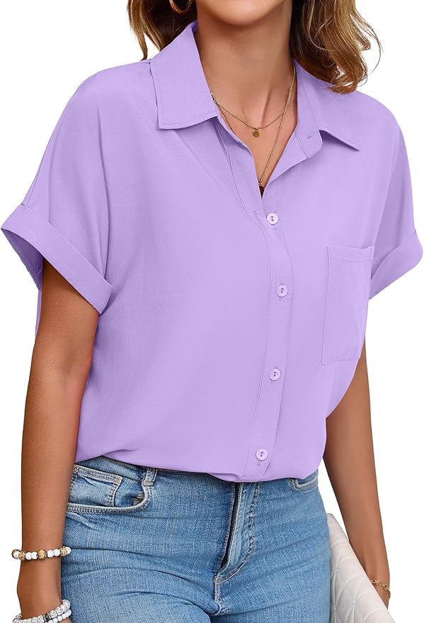 Womens Button Down Shirt Casual Short Sleeve Collared Work Blouse with Pocket