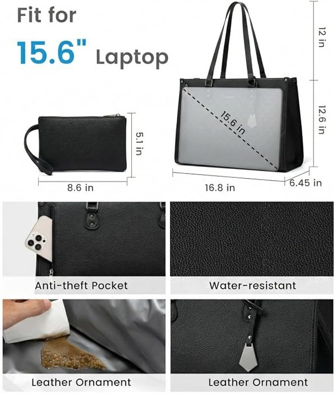 Women's Lunch Tote Bag with Insulated Cooler Compartment, 2-in-1 Large Work Shoulder Bag with Matching Clutch, PU Leather Meal Prep Handbag for Office, Teacher & Nurse - Black