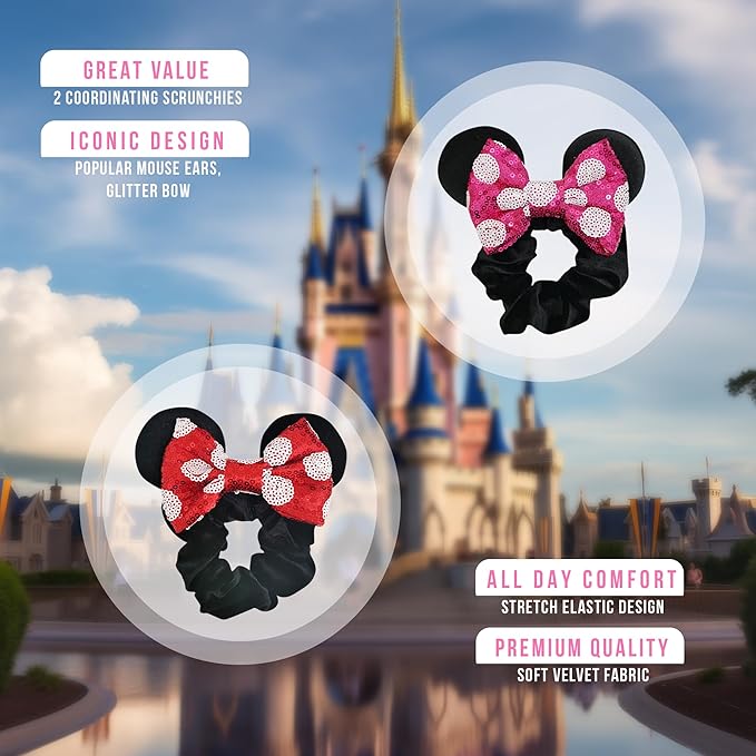 Styla Hair 2pk Mouse Ear Scrunchies for Kids Velvet Hair Bow Scrunchies for Women - Sparkle Sequins Mouse Hair Bands for Pony Tail (Red Pink Polka Dot)
