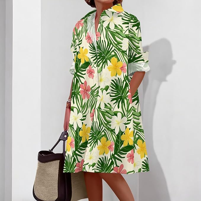 Shirt Dresses for Women 2025 Summer Long Sleeve Casual Plus Size Floral Printed Beach Vacation Dress with Pockets