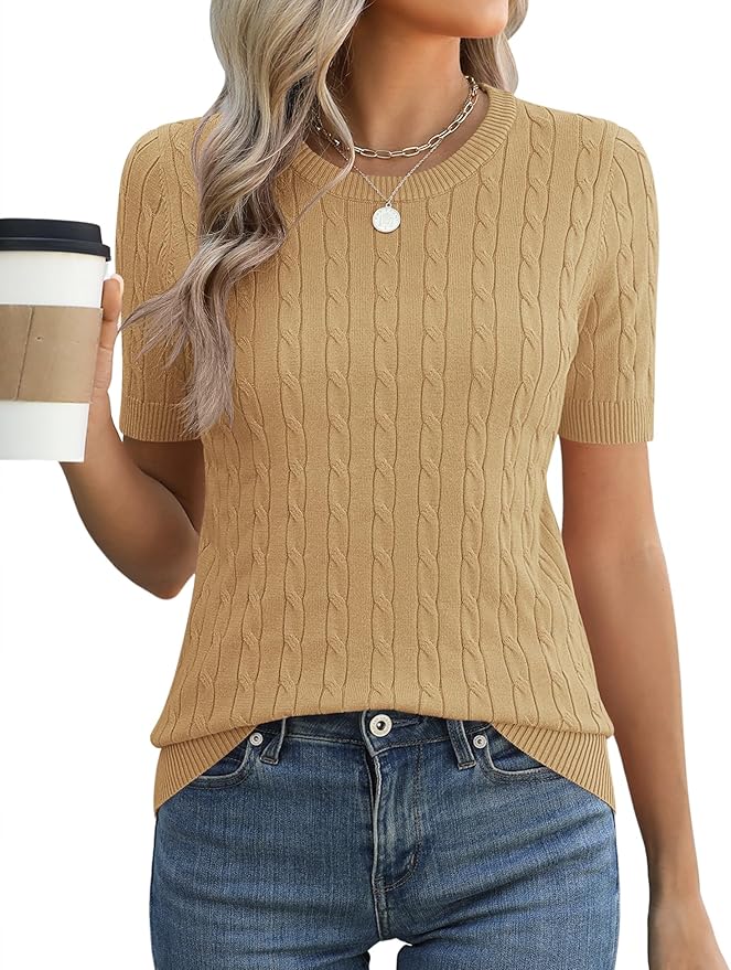 Micoson Womens Short Sleeve Cable Knit Sweater Tops Crewneck Lightweight Spring Summer Shirts Business Dressy Casual Outfits